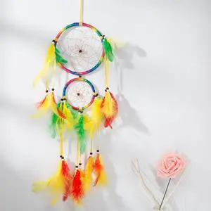 THY COLLECTIBLES 18" Traditional Rainbow Dream Catcher with Feathers Wall or Car Hanging Ornament Double Circles