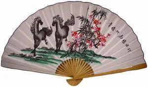 Classic 35" Oriental Feng Shui Handpainted Wall Fan - Double Horses