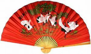 Classic 35" Oriental Feng Shui Handpainted Wall Fan - Cranes (Red)