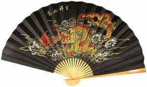 Classic 35" Oriental Feng Shui Handpainted Wall Fan - Black Dragon