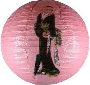 Japanese Geisha Design Round Paper Lantern (Pink)