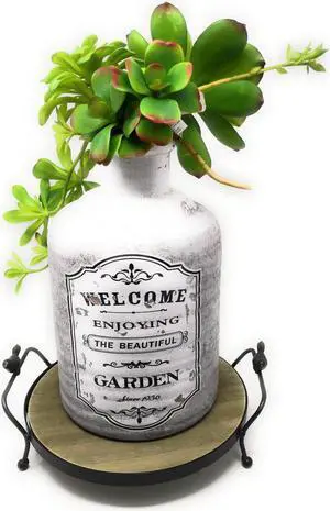 THY COLLECTIBLES Metal and Wooden Potted Plant Stand Rust Proof Iron Art Flower Pot Holder Rack Steel Short Planter Supports Trivet Floor Garden Pots Containers Wooden Vase Fishbowl Stand (7 Inch)
