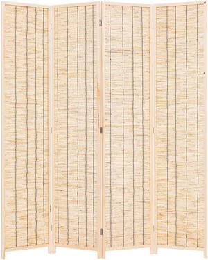 Decorative Freestanding Wood Frame Reed Woven 4 Panels Hinged Semi Privacy Panel Screen Portable Folding Room Divider (Natural Color)