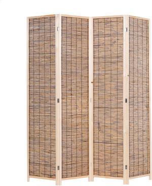 Decorative Freestanding Wood Frame Reed Woven 4 Panels Hinged Semi Privacy Panel Screen Portable Folding Room Divider (Carbonized Color)