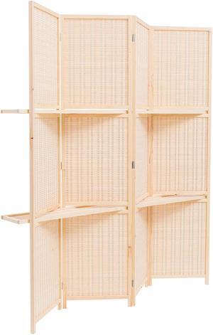 Freestanding Wood Frame Woven Bamboo 4 Panels Hinged Privacy Panel Screen Partition Wall with 2 Display Shelves Holding Room Divider with Shelves-Bamboo (Beige)