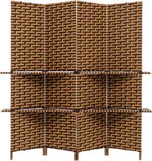 Freestanding Woven Bamboo 4 Panels Hinged Privacy Panel Screen Partition Wall with 2 Display Shelves Holding Room Divider with Shelves-Bamboo (Coffee Brown)