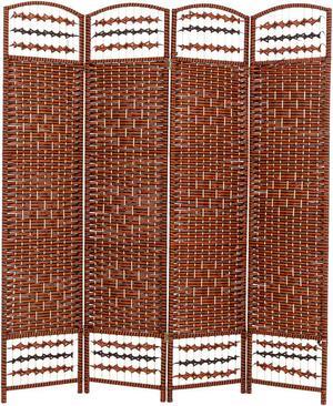 Decorative Freestanding Woven Bamboo 4 Panels Hinged Privacy Panel Screen Portable Folding Room Divider 62" W X 68" H (Red Orange)
