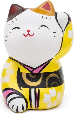 THY COLLECTIBLES Hand Painted Feng Shui Mini Maneki Neko Lucky Cat Yellow