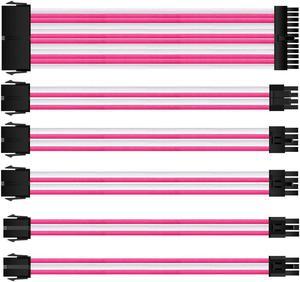 Mod Sleeved Cable, Pink & White Power Supply Cable Extension Kit, 24PIN ATX, 4+4 PIN EPS, 6 PIN PCIE,Dual 6+2 PIN PCIE(11.81"300mm)