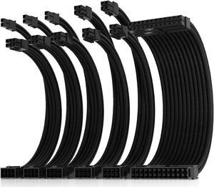 18AWG Pro Power Supply Sleeved Cable, White Power Supply Extension Cable Dual EPS Kit, 1x24-PIN/ 2x8-PORT (4+4) M/B,3x8-PORT (6+2) PCI-E, 30cm Length Black