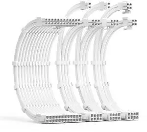 Tech Cabin PSU Extension Cable Sleeved Custom Mod PC Power Supply Cable, Soft Nylon Braided with Comb Kit 1x24PIN/2x8PIN to 6+2Pin/ 1x8PIN to 4+4PIN-30CM 300MM - All White Edition