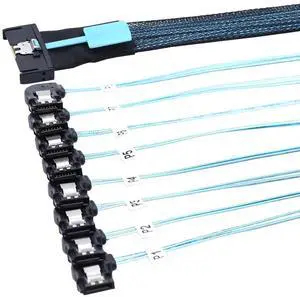 MCIO SFF-8654 8i to 8-Port 7P Left Angle SATA Converter Cable, 32AWG High Speed Server Internal Cable 0.5M MCIO SFF-8654 8i to 8-Port 7P Left Angle SATA Converter Cable, 32AWG High Speed Server Internal Cable 0.5M