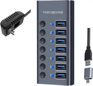Aluminum 7-Port Powered USB 3.0 Hub with Independent On/Off Switches, 5Gbps USB-A Splitter with Power Adapter for PC & Laptop Aluminum 7-Port Powered USB 3.0 Hub with Independent On/Off Switches, 5Gbps USB-A Splitter with Power Adapter for PC & Laptop