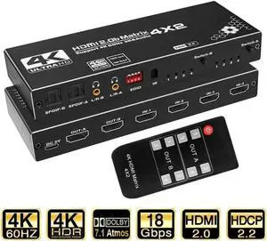 4X2 HDMI Matrix Switch 4K@60Hz HDR10 HDCP2.2 EDID with IR Remote, 4 in 2 Out HDMI Switcher Built-in 2×SPDIF & 2×3.5mm L/R Audio Extractor, OZJ1 4X2 HDMI Matrix Switch 4K@60Hz HDR10 HDCP2.2 EDID with IR Remote, 4 in 2 Out HDMI Switcher Built-in 2×SPDIF & 2×3.5mm L/R Audio Extractor, OZJ1