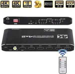 4K@60Hz HDMI 4x2 Matrix Switch Splitter, HDMI2.0 HDCP2.2 4 In 2 Out Matrix with SPDIF Audio Extractor & IR Remote Control 4K@60Hz HDMI 4x2 Matrix Switch Splitter, HDMI2.0 HDCP2.2 4 In 2 Out Matrix with SPDIF Audio Extractor & IR Remote Control