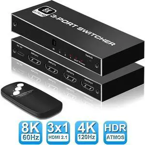 3 in 1 Out HDMI 2.1 Switch, 48Gbps 8K@60Hz 4K@120Hz Ultra HD HDMI Selector Switcher, HDCP2.3 HDR Dolby Vision for PS5 PS4 Xbox Blu-ray Monitor Projector 3 in 1 Out HDMI 2.1 Switch, 48Gbps 8K@60Hz 4K@120Hz Ultra HD HDMI Selector Switcher, HDCP2.3 HDR Dolby Vision for PS5 PS4 Xbox Blu-ray Monitor Projector