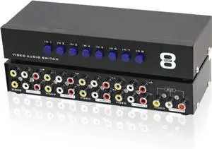 8 in 1 Out RCA AV Switcher, Composite Video + L/R Stereo Audio Selector Box, 8-Port RCA Switch for DVD Player STB Retro Game Consoles 8 in 1 Out RCA AV Switcher, Composite Video + L/R Stereo Audio Selector Box, 8-Port RCA Switch for DVD Player STB Retro Game Consoles