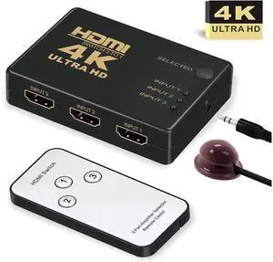 3 Port Intelligent HDMI Switch with IR Remote Control, 4K HDMI Switcher Selector Supports 4K, Full HD 1080P, 3D Video, Automatic Signal Detection HDMI Switch Box for HDTV, Monitor, Game Console, PC, P 3 Port Intelligent HDMI Switch with IR Remote Control, 4K HDMI Switcher Selector Supports 4K, Full HD 1080P, 3D Video, Automatic Signal Detection HDMI Switch Box for HDTV, Monitor, Game Console, PC, P