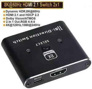 Bi-Directional HDMI 2.1 Switcher Splitter 2 Port, 1x2 / 2x1 HDMI Selector Box Supports 8K@60Hz, 4K@120Hz, 48Gbps High Speed for PS5, PS4, Xbox, Roku, TV, Monitor Bi-Directional HDMI 2.1 Switcher Splitter 2 Port, 1x2 / 2x1 HDMI Selector Box Supports 8K@60Hz, 4K@120Hz, 48Gbps High Speed for PS5, PS4, Xbox, Roku, TV, Monitor
