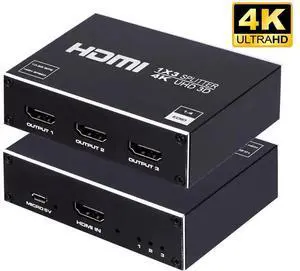 HDMI Splitter 1x3, 1 in 3 Out HDMI Signal Splitter Supports 4K, Full HD 1080P & 3D Video, Compatible with Xbox, PS3, Roku, Blu-Ray Player, HDTV, Black Housing with AC Power Adapter Included HDMI Splitter 1x3, 1 in 3 Out HDMI Signal Splitter Supports 4K, Full HD 1080P & 3D Video, Compatible with Xbox, PS3, Roku, Blu-Ray Player, HDTV, Black Housing with AC Power Adapter Included