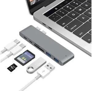 USB C Hub Adapter for MacBook Air 2018, MacBook Pro 2016/2017/2018, Dual Type-C Docking Station with SD/TF Card Reader, 2×40Gbps Thunderbolt 3 Ports & 2 USB 3.0 Ports, Gray, eokCXOY USB C Hub Adapter for MacBook Air 2018, MacBook Pro 2016/2017/2018, Dual Type-C Docking Station with SD/TF Card Reader, 2×40Gbps Thunderbolt 3 Ports & 2 USB 3.0 Ports, Gray, eokCXOY