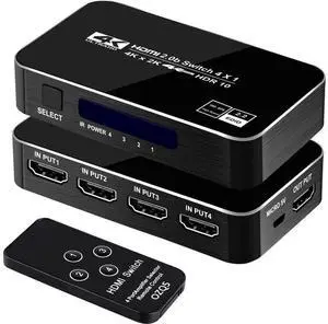 4-Port 4K HDR HDMI 2.0 Switcher with IR Remote Control, 4 in 1 Out HDMI Switch Selector, Supports 4K@60Hz, HDR10, Dolby Vision, HDCP 2.2, 3D, 18.5Gbps Bandwidth for Game Consoles, TV, Projector 4-Port 4K HDR HDMI 2.0 Switcher with IR Remote Control, 4 in 1 Out HDMI Switch Selector, Supports 4K@60Hz, HDR10, Dolby Vision, HDCP 2.2, 3D, 18.5Gbps Bandwidth for Game Consoles, TV, Projector