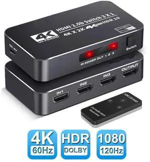 3-Port 4K HDR HDMI 2.0 Switcher with IR Remote Control, 3 in 1 Out HDMI Signal Selector, Supports 4K@60Hz, 18.5Gbps Bandwidth, HDR10, Dolby Vision, HDCP 2.2 & 3D for Game Consoles, HDTV, Projector 3-Port 4K HDR HDMI 2.0 Switcher with IR Remote Control, 3 in 1 Out HDMI Signal Selector, Supports 4K@60Hz, 18.5Gbps Bandwidth, HDR10, Dolby Vision, HDCP 2.2 & 3D for Game Consoles, HDTV, Projector