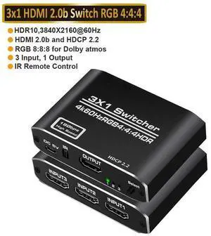 3 Port HDMI Switch 3 in 1 Out 4K@60Hz with IR Remote, HDMI Switcher Selector Support HDR HDCP2.2 3D for PS5 PS4 Xbox Nintendo Switch Fire Stick Apple TV 3 Port HDMI Switch 3 in 1 Out 4K@60Hz with IR Remote, HDMI Switcher Selector Support HDR HDCP2.2 3D for PS5 PS4 Xbox Nintendo Switch Fire Stick Apple TV