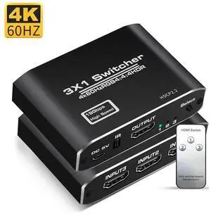 3 Input 1 Output HDMI 2.0 Switch, 4K@60Hz HDR 3D 1080P HDMI Switcher with IR Remote & Manual Control, Compatible with Xbox, PS4, Nintendo Switch, Beamer, Blu-Ray Player, PC, Apple TV, Fire Stick 3 Input 1 Output HDMI 2.0 Switch, 4K@60Hz HDR 3D 1080P HDMI Switcher with IR Remote & Manual Control, Compatible with Xbox, PS4, Nintendo Switch, Beamer, Blu-Ray Player, PC, Apple TV, Fire Stick