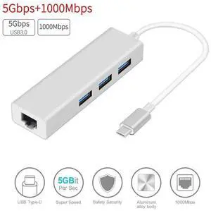 USB C to Ethernet Adapter, Thunderbolt 3 to RJ45 Wired Network Converter with 3 USB 3.0 Ports, Plug & Play, Compatible with MacBook, Silver USB C to Ethernet Adapter, Thunderbolt 3 to RJ45 Wired Network Converter with 3 USB 3.0 Ports, Plug & Play, Compatible with MacBook, Silver