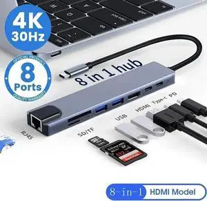 8-Port USB C Hub Multiport Dongle Adapter, 4K HDMI, USB 3.0 & 2.0, TF/SD Card Reader, 100W PD Charging, Gigabit Ethernet Port, Compatible with MacBook Pro Air, XPS and Other USB-C Laptops 8-Port USB C Hub Multiport Dongle Adapter, 4K HDMI, USB 3.0 & 2.0, TF/SD Card Reader, 100W PD Charging, Gigabit Ethernet Port, Compatible with MacBook Pro Air, XPS and Other USB-C Laptops