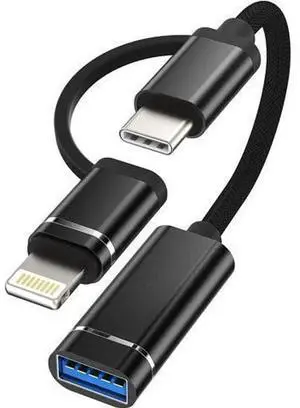 USB A Female to USB-C & Lightning Male OTG Adapter, USB 3.0 Dual Port OTG Converter Cord, Compatible with iPhone 13/12 Pro/11/X/8/7Plus, iPad, MacBook Air 4, LG Phones, Support Mouse, Camera and USB P USB A Female to USB-C & Lightning Male OTG Adapter, USB 3.0 Dual Port OTG Converter Cord, Compatible with iPhone 13/12 Pro/11/X/8/7Plus, iPad, MacBook Air 4, LG Phones, Support Mouse, Camera and USB P