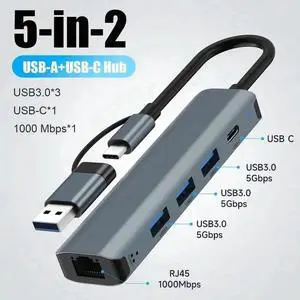 5in1 USBA/C Gigabit Ethernet Adapter, Aluminum Multiport Hub with 3×USB3.0, USBC Port & 10/100/1000Mbps RJ45 LAN Converter for Laptops, Surface Pro, Chromebook, Dell Notebook PCs 5in1 USBA/C Gigabit Ethernet Adapter, Aluminum Multiport Hub with 3×USB3.0, USBC Port & 10/100/1000Mbps RJ45 LAN Converter for Laptops, Surface Pro, Chromebook, Dell Notebook PCs
