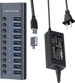 Powered 10-Port USB 3.0 Hub with Durable Aluminum Housing, Individual Independent On/Off Switches for Each Data Port, External Power Adapter Included, High Speed USB Splitter for Laptop Desktop PC and Powered 10-Port USB 3.0 Hub with Durable Aluminum Housing, Individual Independent On/Off Switches for Each Data Port, External Power Adapter Included, High Speed USB Splitter for Laptop Desktop PC and