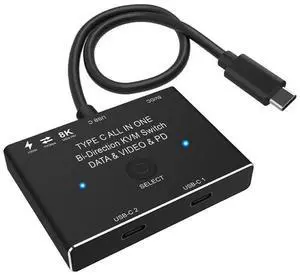 Bi-Directional USB-C KVM Switch 2 in 1 Out, 8K@60Hz 4K@120Hz Video Output, 10Gbps Data Transfer & 100W PD Charging Type-C Switcher for Two Laptops, Compatible with Thunderbolt Devices, Black Bi-Directional USB-C KVM Switch 2 in 1 Out, 8K@60Hz 4K@120Hz Video Output, 10Gbps Data Transfer & 100W PD Charging Type-C Switcher for Two Laptops, Compatible with Thunderbolt Devices, Black