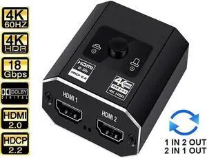 HDMI 2.0b Bi-Directional Switch with Free HDMI Cable, 2 in 1 Out Switcher / 1 in 2 Out Splitter, 4K@60Hz 18Gbps Bandwidth Support VRR, HDR10, Dolby Vision, HDCP 2.2 for PS4 PS5, SkyQ, Roku, Apple TV, HDMI 2.0b Bi-Directional Switch with Free HDMI Cable, 2 in 1 Out Switcher / 1 in 2 Out Splitter, 4K@60Hz 18Gbps Bandwidth Support VRR, HDR10, Dolby Vision, HDCP 2.2 for PS4 PS5, SkyQ, Roku, Apple TV,