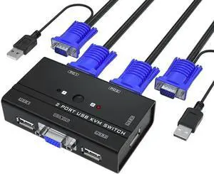 2 Port USB VGA KVM Switch with 2 Pack KVM Cables and Built-in 3 USB Hubs, 2 PCs Share Single VGA Monitor, Keyboard and Mouse for Office Work 2 Port USB VGA KVM Switch with 2 Pack KVM Cables and Built-in 3 USB Hubs, 2 PCs Share Single VGA Monitor, Keyboard and Mouse for Office Work