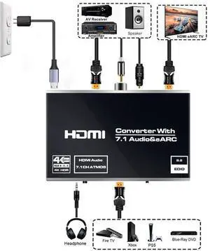 Torpedo Nova HDMI eARC Audio Extractor, HDMI 2.0b 4K@60Hz HDR Video Pass-Through, Support 7.1CH Dolby Atmos & HDCP 2.2, 4-Way Audio Output via Optical SPDIF, Coaxial, 3.5mm AUX and Independent HDMI Au Torpedo Nova HDMI eARC Audio Extractor, HDMI 2.0b 4K@60Hz HDR Video Pass-Through, Support 7.1CH Dolby Atmos & HDCP 2.2, 4-Way Audio Output via Optical SPDIF, Coaxial, 3.5mm AUX and Independent HDMI Au