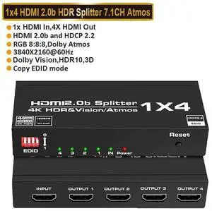4 Port HDMI 2.0 Switch Splitter 4 in 1 Out Metal Housing 4K 60Hz HDMI Selector Box Supports EDID HDCP 2.2 Ultra HD 2160P 3D 1080P Resolution with Included Power Adapter 4 Port HDMI 2.0 Switch Splitter 4 in 1 Out Metal Housing 4K 60Hz HDMI Selector Box Supports EDID HDCP 2.2 Ultra HD 2160P 3D 1080P Resolution with Included Power Adapter