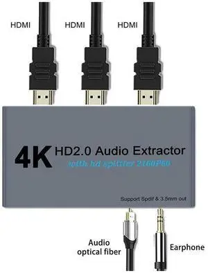 HDMI 2.0 1 In 2 Out Audio Extractor Splitter 4K@60Hz HDCP2.2 Decoder Box with SPDIF Optical Port and 3.5mm AUX Jack Separates Video and Audio for TV Speaker Headphone Sound Output HDMI 2.0 1 In 2 Out Audio Extractor Splitter 4K@60Hz HDCP2.2 Decoder Box with SPDIF Optical Port and 3.5mm AUX Jack Separates Video and Audio for TV Speaker Headphone Sound Output