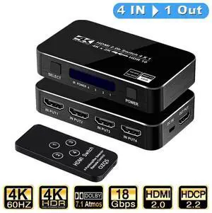 4K@60Hz HDMI 2.0 Switch 4 Input 1 Output with IR Remote & Auto Switch Function HDCP2.2 HDR 3D Full HD HDMI Selector Box Compatible with PS5 PS4 Xbox Roku Apple TV Model OZQ5 4K@60Hz HDMI 2.0 Switch 4 Input 1 Output with IR Remote & Auto Switch Function HDCP2.2 HDR 3D Full HD HDMI Selector Box Compatible with PS5 PS4 Xbox Roku Apple TV Model OZQ5