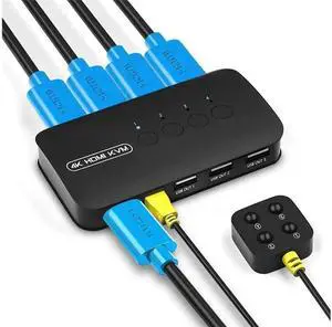 4 Port HDMI USB KVM Switch 4 in 1 Out 4K@60Hz Video Selector Box for 4 PCs Share Single Monitor Keyboard Mouse Printer USB Peripherals Comes with 4 Pack Matching KVM Connection Cables 4 Port HDMI USB KVM Switch 4 in 1 Out 4K@60Hz Video Selector Box for 4 PCs Share Single Monitor Keyboard Mouse Printer USB Peripherals Comes with 4 Pack Matching KVM Connection Cables