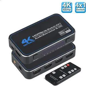 OZQ4 4 in 1 Out HDMI 2.0b Switch with Audio Extractor 4K@60Hz HDR10 HDCP2.2 3D HDMI Selector Box IR Remote Control Optical SPDIF and 3.5mm Stereo Audio Output for Home Theater Game Consoles OZQ4 4 in 1 Out HDMI 2.0b Switch with Audio Extractor 4K@60Hz HDR10 HDCP2.2 3D HDMI Selector Box IR Remote Control Optical SPDIF and 3.5mm Stereo Audio Output for Home Theater Game Consoles