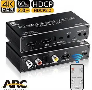 2 Port HDMI 2.0b Switch with Audio Extractor IR Remote Control, 2 In 1 Out 4K@60Hz HDMI Switcher, Optical SPDIF Coaxial RCA Stereo Audio Output HDCP 2.2 for Game Consoles Blu-ray TV Projector 2 Port HDMI 2.0b Switch with Audio Extractor IR Remote Control, 2 In 1 Out 4K@60Hz HDMI Switcher, Optical SPDIF Coaxial RCA Stereo Audio Output HDCP 2.2 for Game Consoles Blu-ray TV Projector