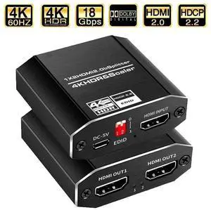 1 In 2 Out HDMI 2.0 Splitter with Independent Scaler Function, 4K@60Hz HDR10 HDCP2.2 4:4:4 Color, 4 EDID Modes, One Port 4K 60Hz While Another 1080P Output for Dual Different Resolution Displays 1 In 2 Out HDMI 2.0 Splitter with Independent Scaler Function, 4K@60Hz HDR10 HDCP2.2 4:4:4 Color, 4 EDID Modes, One Port 4K 60Hz While Another 1080P Output for Dual Different Resolution Displays