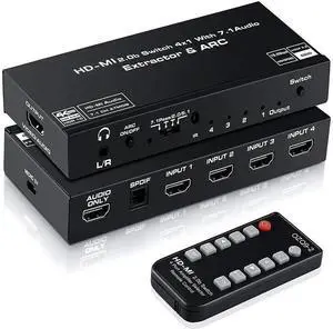 4 In 1 Out HDMI 2.0 Switch with Audio Extractor, 4K@60Hz HDR ARC HDCP 2.2 EDID Dolby Atmos 7.1CH Surround Sound, Optical SPDIF + 3.5mm Audio Output with IR Remote for Home Theater Game Consoles 4 In 1 Out HDMI 2.0 Switch with Audio Extractor, 4K@60Hz HDR ARC HDCP 2.2 EDID Dolby Atmos 7.1CH Surround Sound, Optical SPDIF + 3.5mm Audio Output with IR Remote for Home Theater Game Consoles