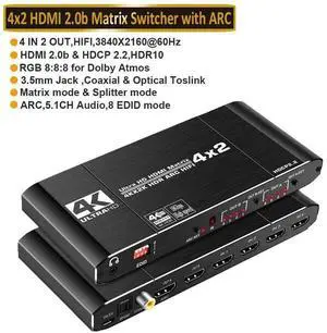 OZJ2 4x2 HDMI 2.0b Matrix Switch Splitter 18.5Gbps 4K@60Hz HDR 3D HDCP2.2, 4 In 2 Out HDMI-Compatible Matrix with SPDIF Optical & 3.5mm L/R Stereo Audio Extractor for Game Consoles TV Monitor Projecto OZJ2 4x2 HDMI 2.0b Matrix Switch Splitter 18.5Gbps 4K@60Hz HDR 3D HDCP2.2, 4 In 2 Out HDMI-Compatible Matrix with SPDIF Optical & 3.5mm L/R Stereo Audio Extractor for Game Consoles TV Monitor Projecto