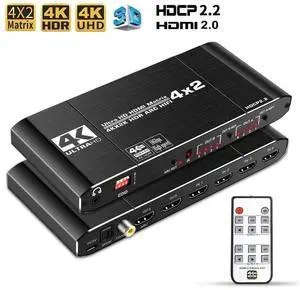 4x2 HDMI 2.0 Matrix Switch Splitter 4K@60Hz HDR 18Gbps with ARC Audio Extractor, SPDIF Coaxial 3.5mm Port, EDID Adjustable HDCP2.2 for Dual Monitor Home Theater AV System 4x2 HDMI 2.0 Matrix Switch Splitter 4K@60Hz HDR 18Gbps with ARC Audio Extractor, SPDIF Coaxial 3.5mm Port, EDID Adjustable HDCP2.2 for Dual Monitor Home Theater AV System