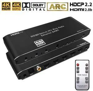 4 Port 4x1 HDMI 2.0 Switch 4K@60Hz 18Gbps with ARC Audio Extractor HDR10 HDCP2.2 RGB 8:8:8 3D, IR Remote Control Included for Game Consoles TV Monitor Projector Home Theater 4 Port 4x1 HDMI 2.0 Switch 4K@60Hz 18Gbps with ARC Audio Extractor HDR10 HDCP2.2 RGB 8:8:8 3D, IR Remote Control Included for Game Consoles TV Monitor Projector Home Theater