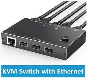 2 Port HDMI KVM Switch with RJ45 Ethernet Port 4K@60Hz, 2 In 1 Out KVM Switcher for 2 PCs Sharing 1 Monitor Keyboard Mouse and 3 USB Peripherals, Desktop Office Host Control Hub 2 Port HDMI KVM Switch with RJ45 Ethernet Port 4K@60Hz, 2 In 1 Out KVM Switcher for 2 PCs Sharing 1 Monitor Keyboard Mouse and 3 USB Peripherals, Desktop Office Host Control Hub